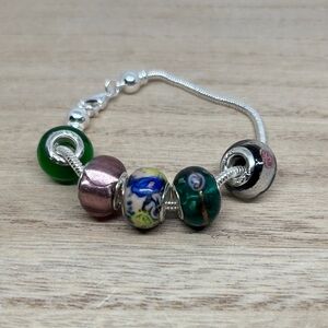 Silver Charm Bracelet with Green and Multicolor Glass Beads